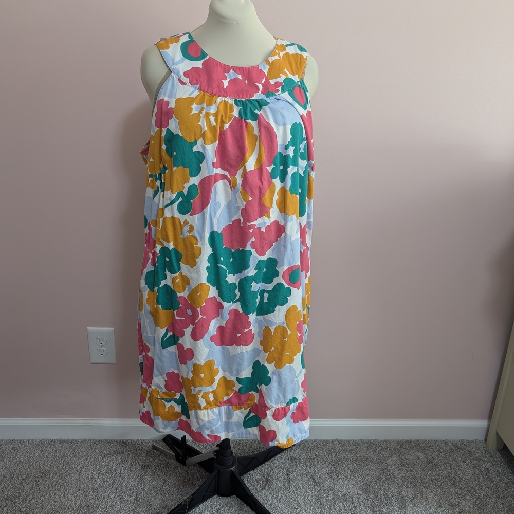 Sleeveless Floral Midi Dress in White with Pink, Teal & Mustard